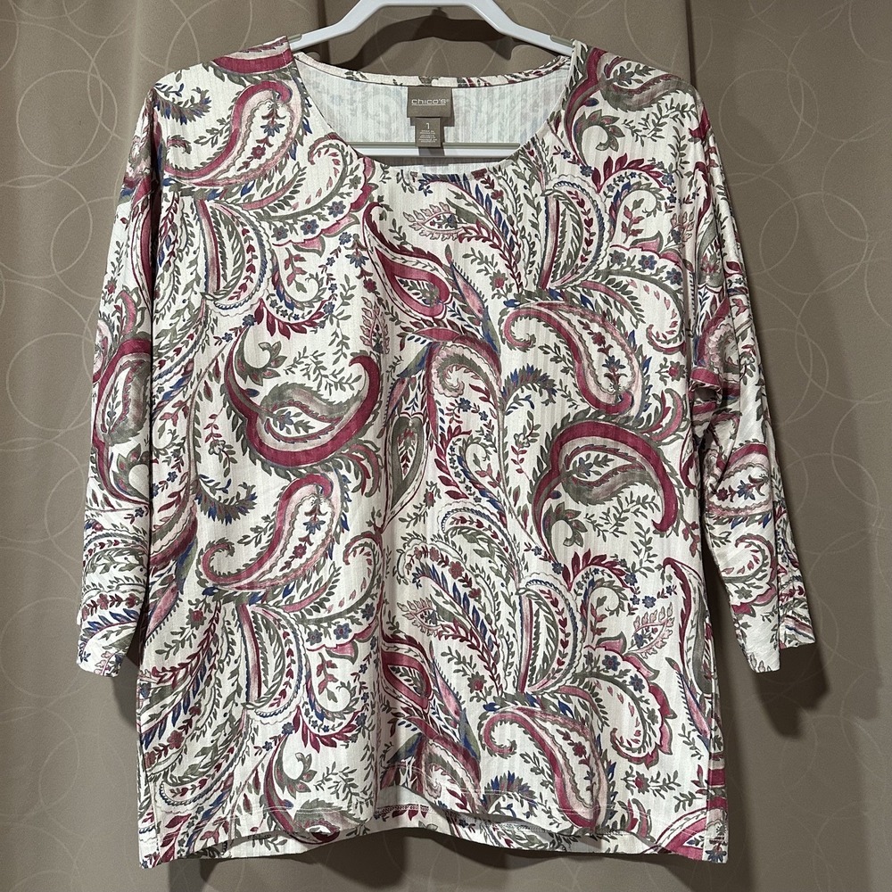 Chicos Paisley Ribbed Knit Blouse Burgundy Green 3/4 Sleeve Scoop Neck Size 1/M